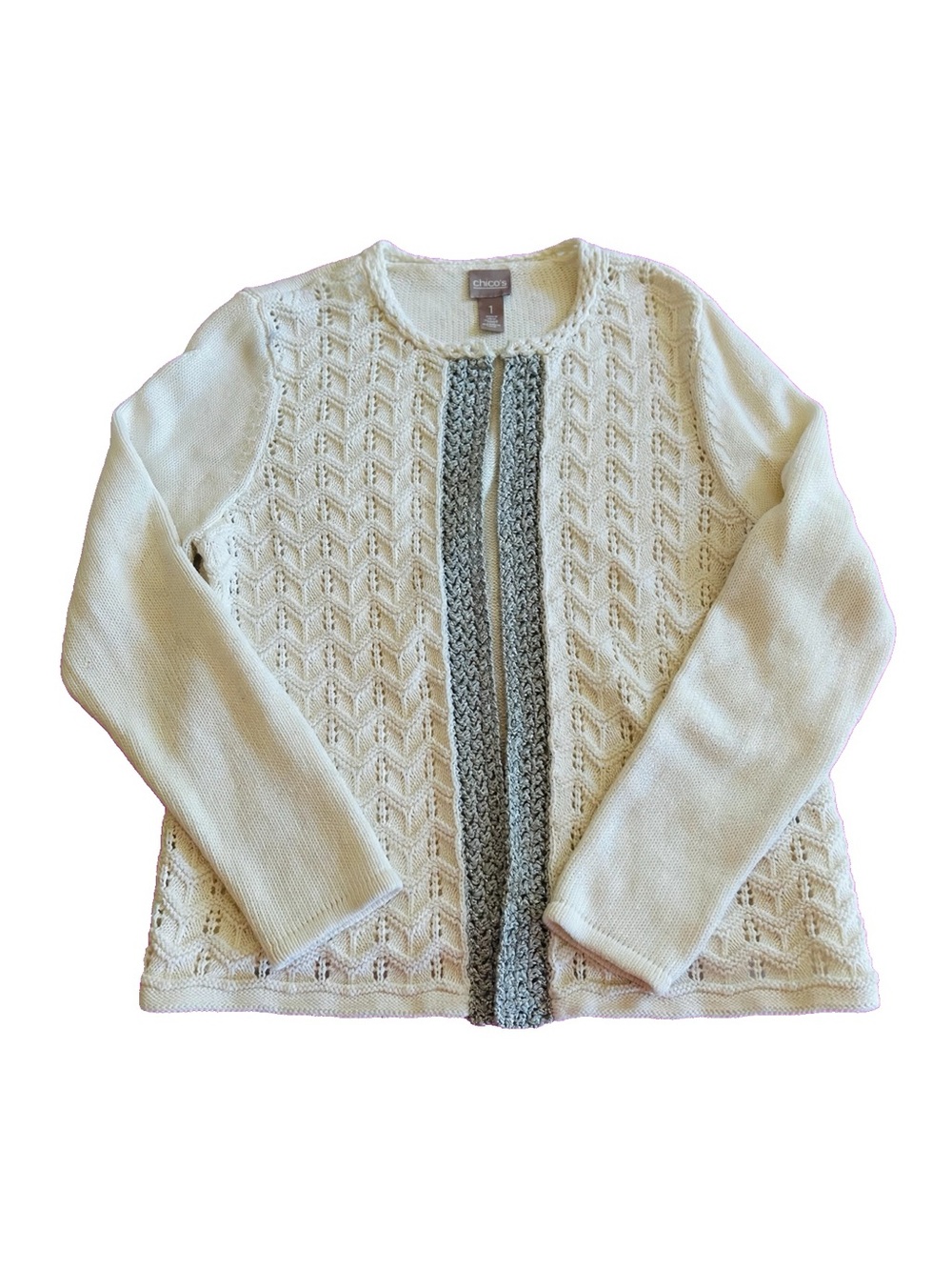 Chico's White Cardigan Size 1 M/8 Silver Glitter Trim Pointelle Open Front